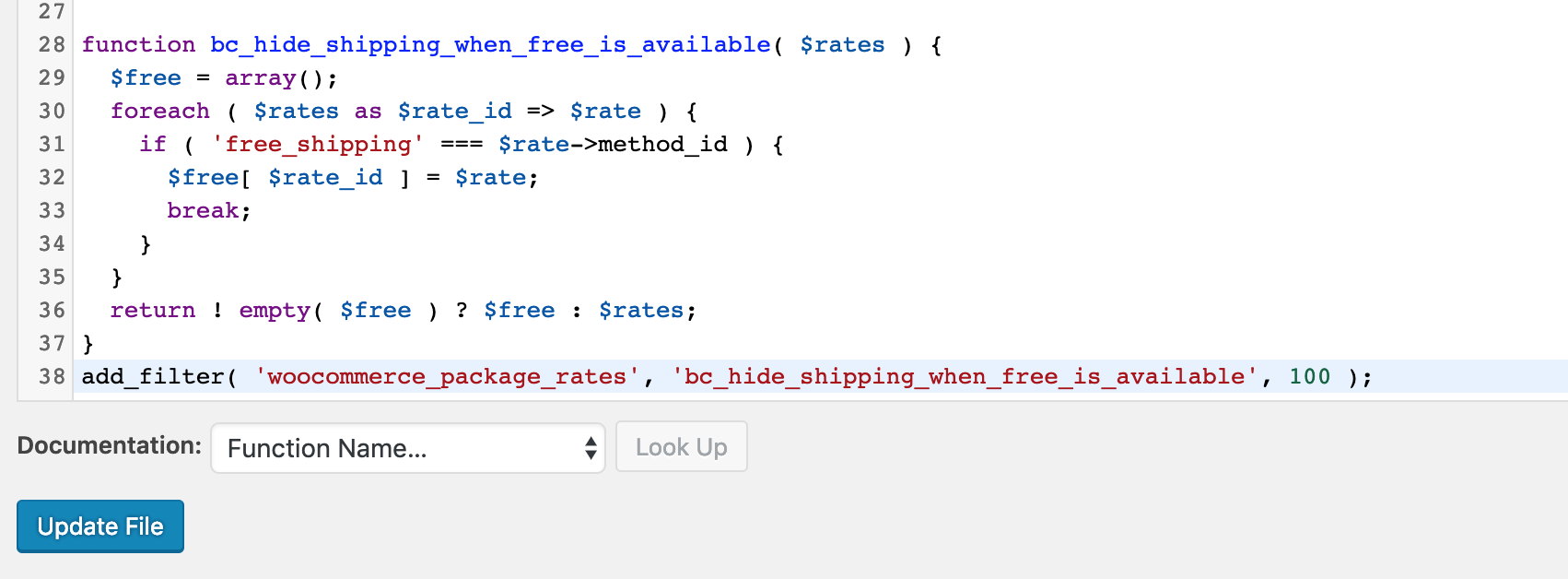 add code to functions.php to hide other shipping methods when free shipping available