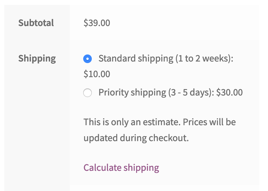 flat rate shipping options on cart page
