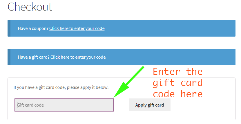 apply gift card code on checkout page