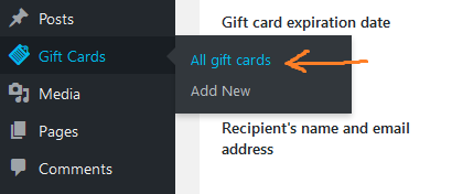 gift card option in dashboard