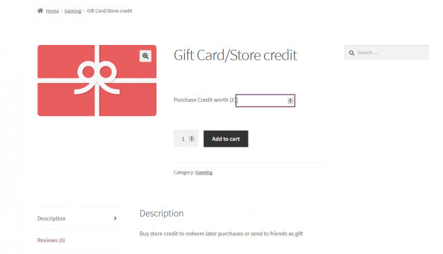 gift card product created on woocommerce store