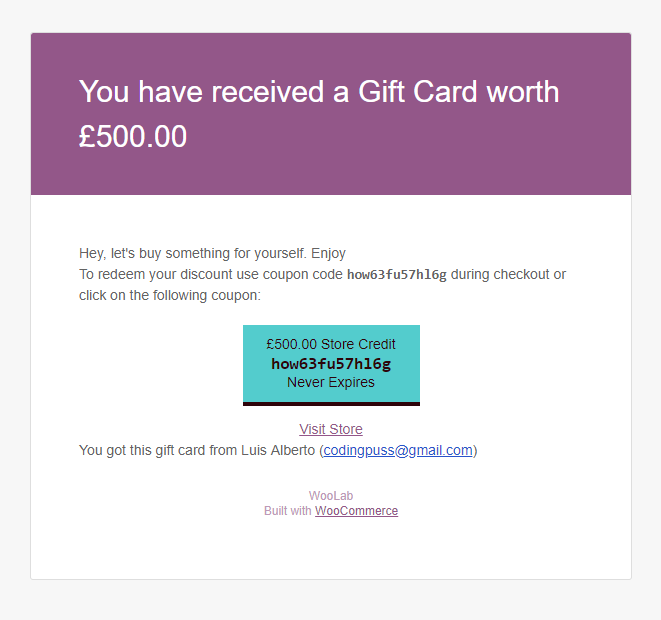 gift card sent to recipient email
