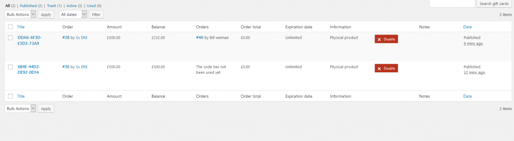 list of gift cards in woocommerce
