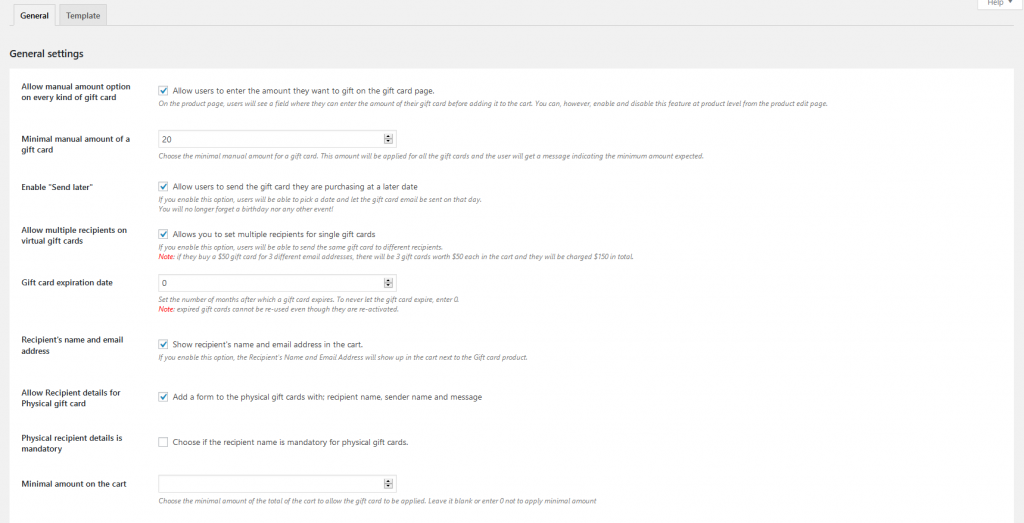 woocommerce gift cards plugin general settings