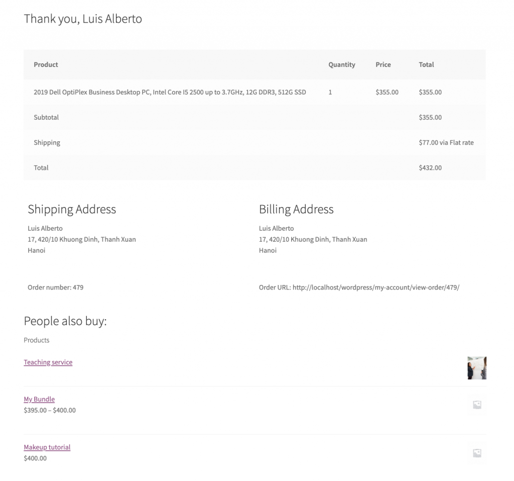 custom woocommerce thank you page for single product
