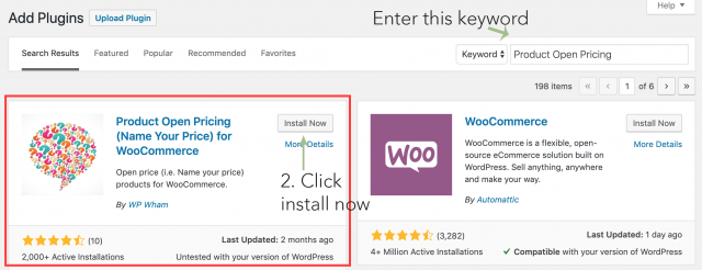 search and install name your price plugin in wordpress dashboard