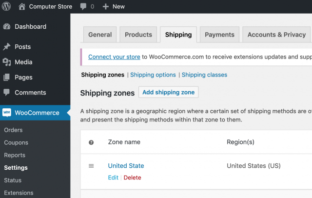 edit shipping zone to add shipping method