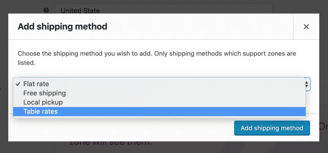 select table rate shipping as shipping method for zone