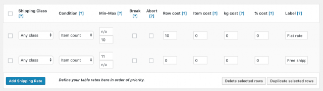 setting up table rates shipping rule for free shipping when cart count reaches certain amount