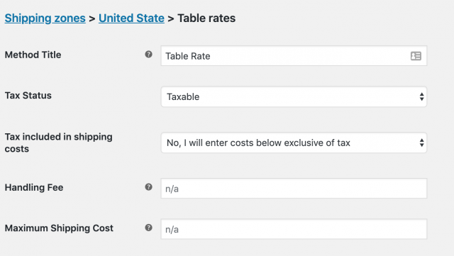 table rates shipping settings - general