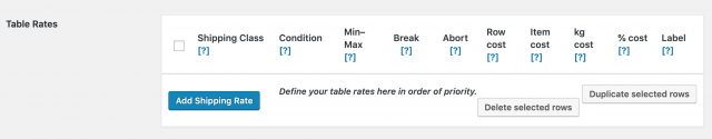 table rates shipping settings - table