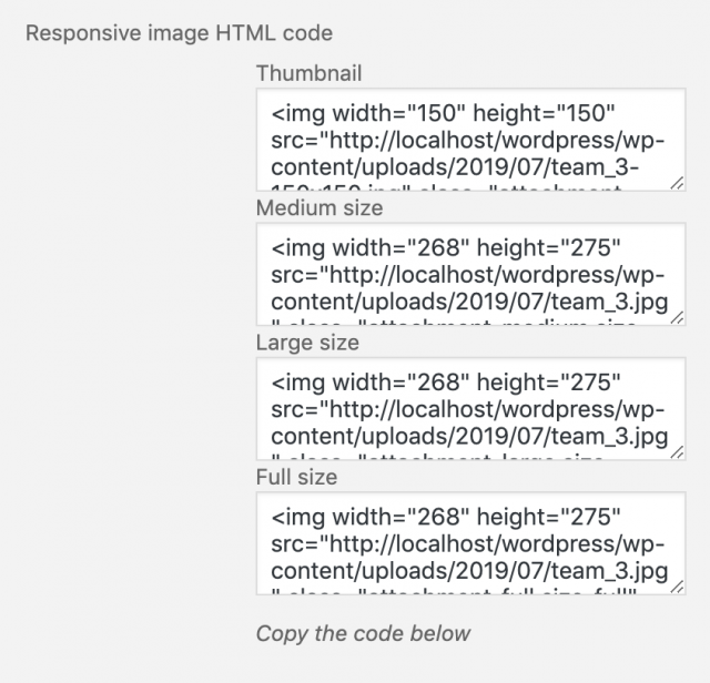 responsive HTML image code in WordPress Media Library