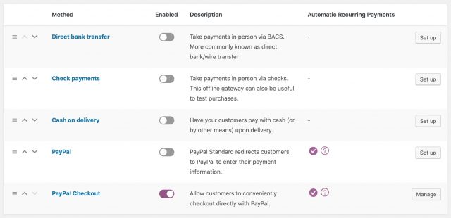 list of payment methods in WooCommerce