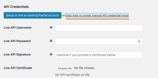 show inputs to enter paypal credentials