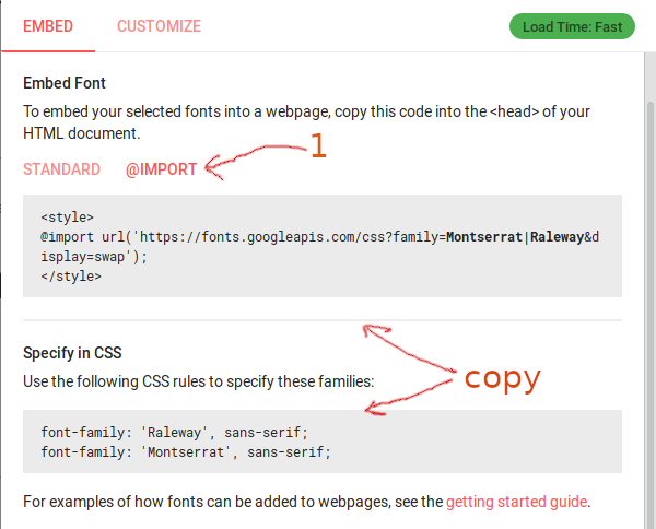 copy google fonts snippets to install on website