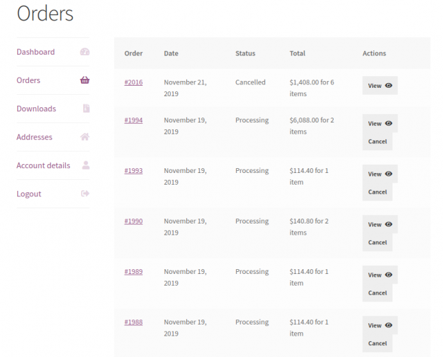customer dashboard in woocommerce with order cancel enabled
