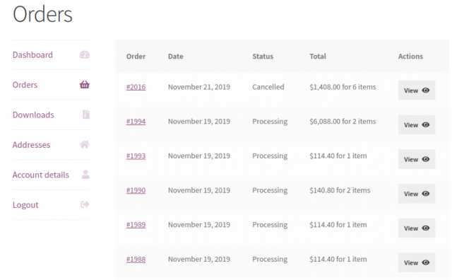 customer default dashboard in woocommerce