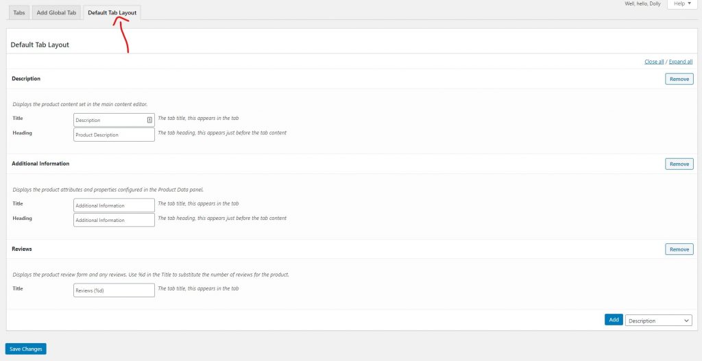 Default tab layout woocommerce tab manager