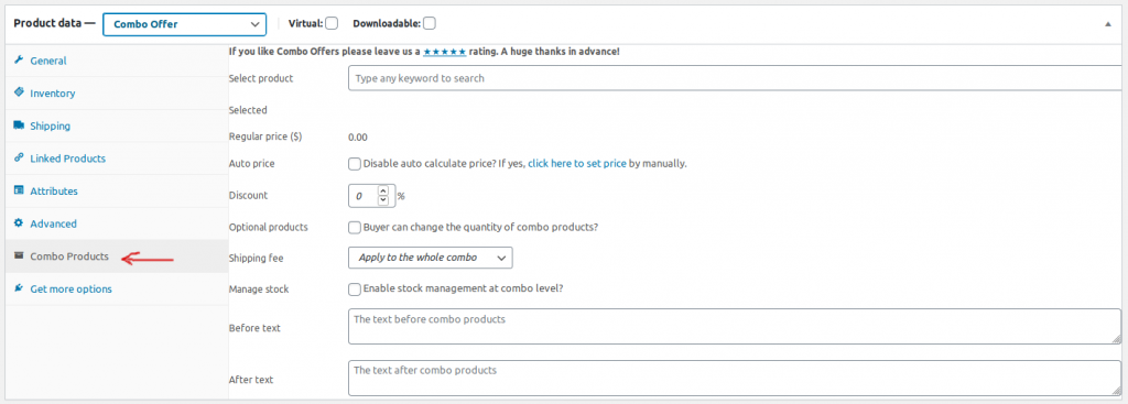 new tab to configure woocommerce combo products