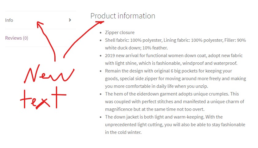 product page description tab title and heading updated