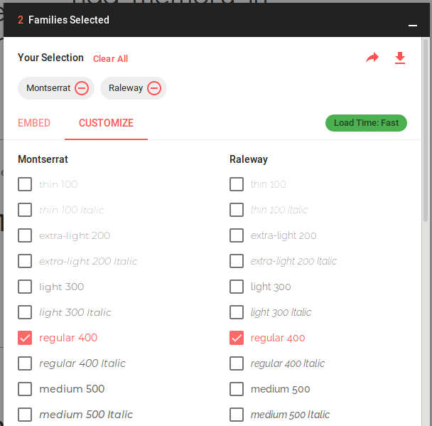 selecting font weight in customize tab