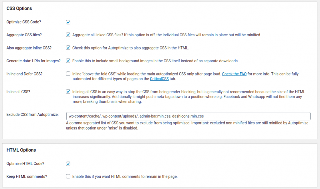 my autoptimize settings part 2